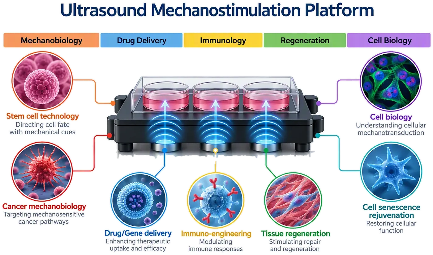 Diagram of the ultrasound mechanostimulation platform linked to seven applications: stem cell technology, cancer mechanobiology, drug and gene delivery, immuno-engineering, tissue regeneration, cell biology and cell senescence rejuvenation.