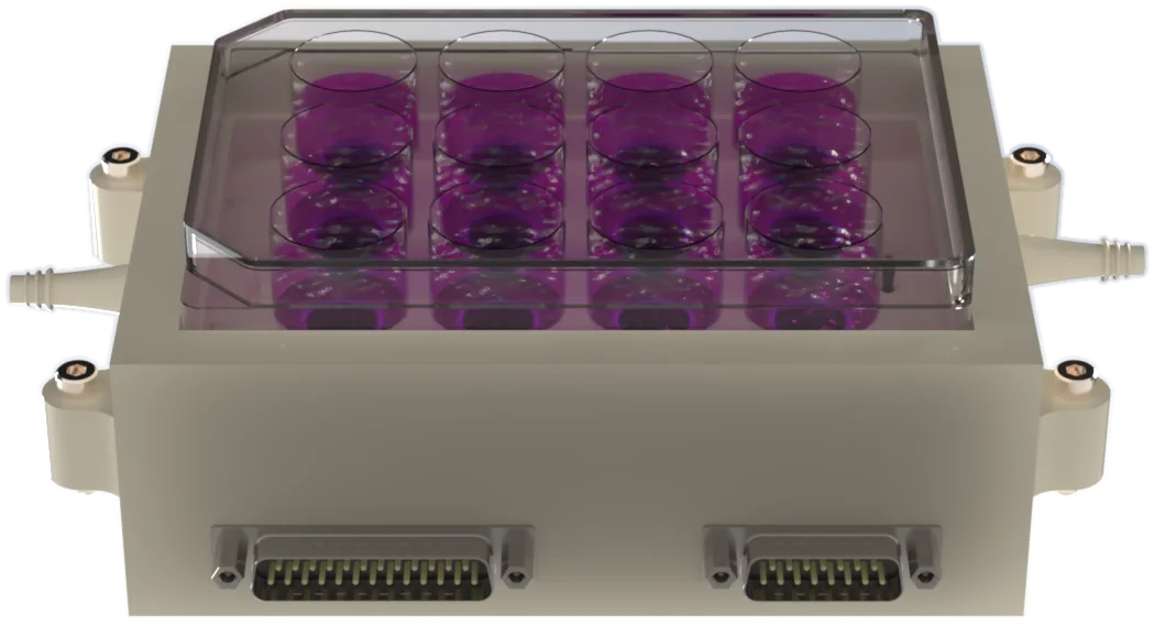 Render of the 12-well platform: a cream housing with coolant ports and two connectors, a 12-well culture plate seated on top.