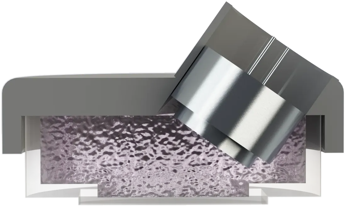 Cut-away render of the imaging apparatus: a lid holding an ultrasound transducer at an angle over a dish of culture medium.