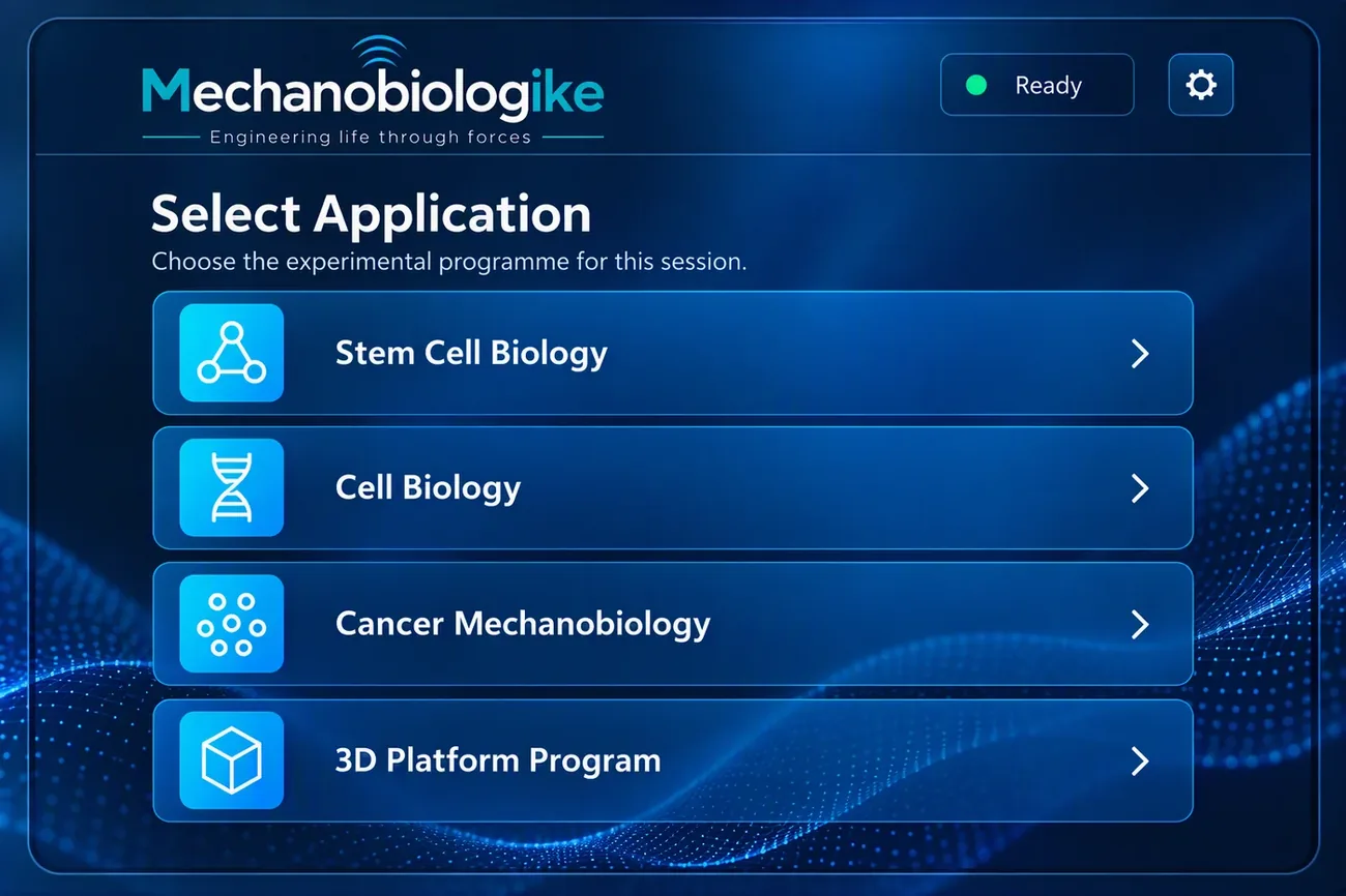 The platform's touchscreen interface: a Select Application screen listing Stem Cell Biology, Cell Biology, Cancer Mechanobiology and 3D Platform Program, with a Ready status indicator.